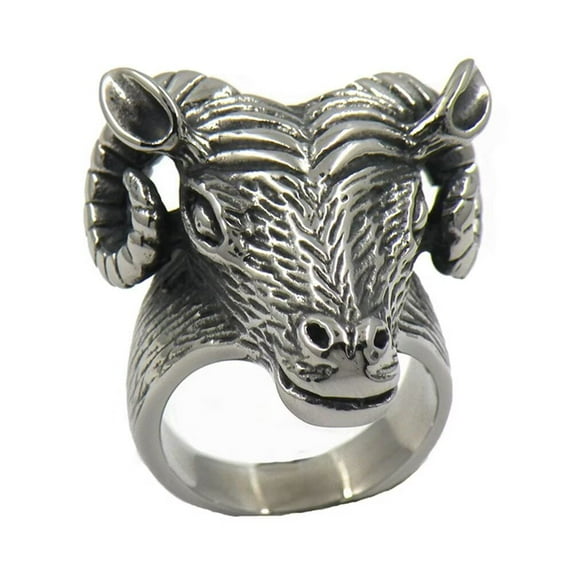 PAMTIER Men's Stainless Steel Vintage Silver Tone Sheep Goat Head Skull Gothic Biker Ring Punk Style Demon Devil Aries Zodiac Statement Size 7