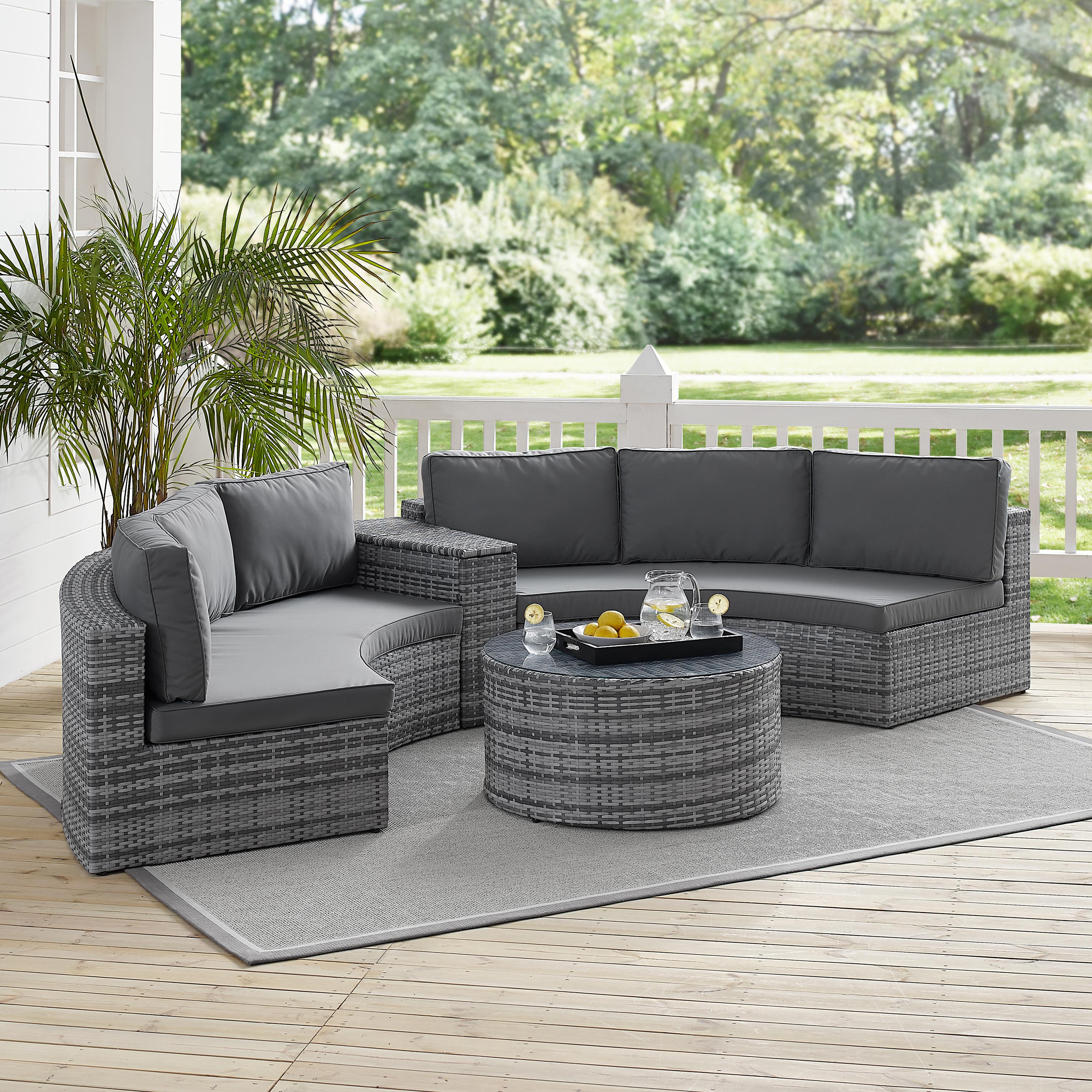 Crosley Catalina 4Pc Outdoor Wicker Sectional Set Gray/Gray - Arm Table, Round Glass Top Coffee Table, & 2 Round Sectional Sofas - image 5 of 9