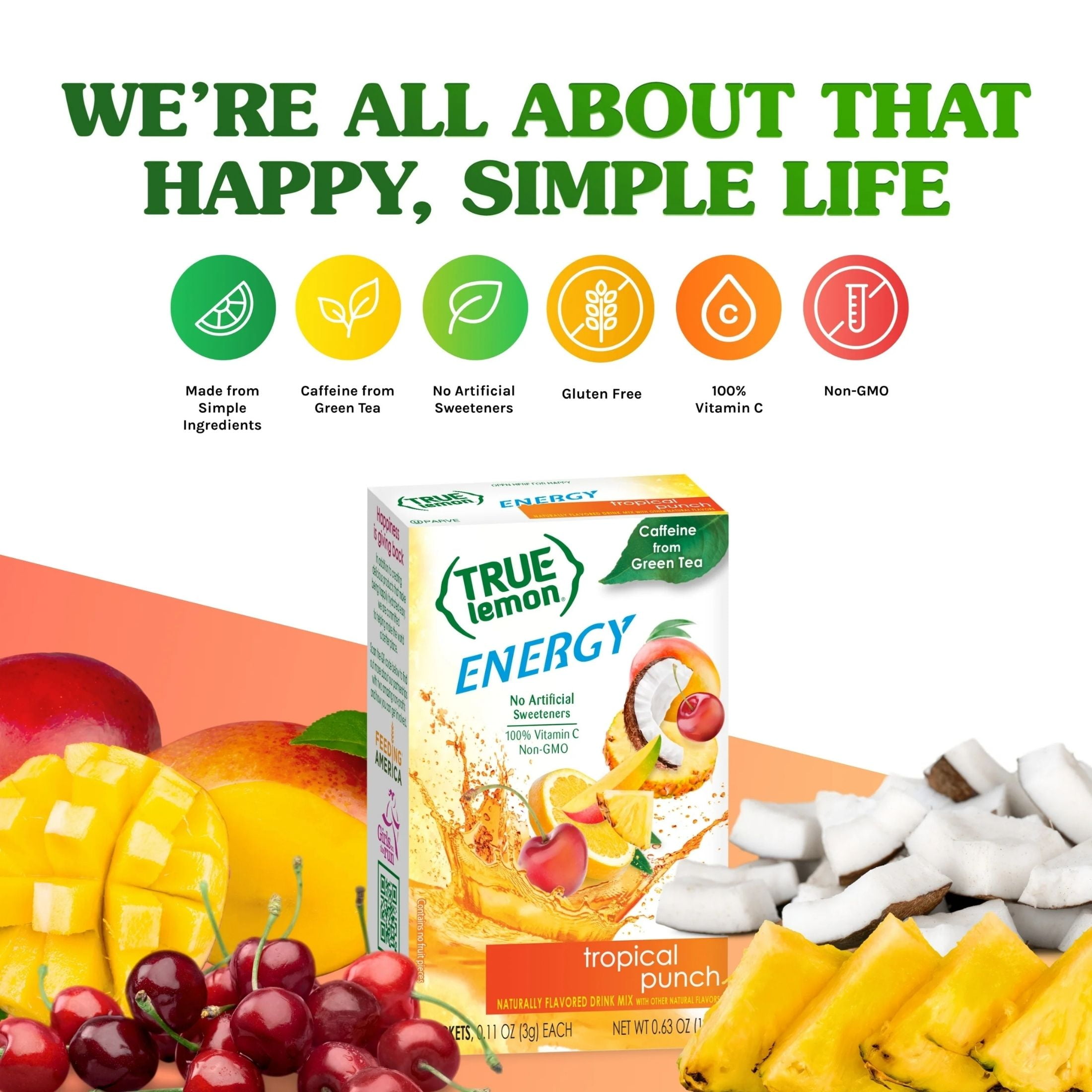 (12 pack) True Lemon Tropical Punch Energy Drink Mix Powder, Low Sugar, No Artificial Sweeteners, 6 Count