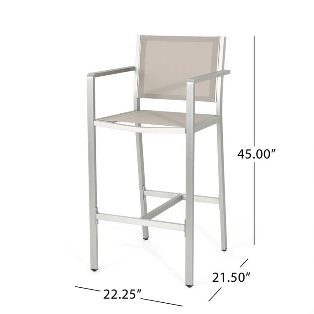 Gannon Outdoor 29.5" Mesh Barstools with Aluminum Frame, Set of 2, Grey, Silver