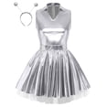 thumbnail image 4 of iiniim Women Alien Cosplay Lapel V Neck Sleeveless A-line Hem Tulle Layers Metallic Dress with Hair Hoop for Role-playing Theme Party Stage Dance Silver M, 4 of 7