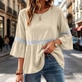 thumbnail image 5 of Lenpel 3/4 Length Sleeve Womens Tops Cotton Linen Crew Neck Fashion Peplum Blouses Casual Loose Eyelet Lace Patchwork Shirts Fall Clothes, 5 of 7