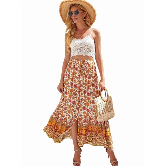 Maxi Skirts for Women 2025 Summer Boho Long Flowy Floral Elastic High Waist Front Slit Skirt Casual Travel Skirt Green L