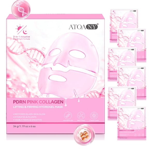 LusBeauty PDRN Pink Collagen Hydrogel Mask, Overnight Sheet Mask with Salmon DNA & Peptides, Firming & Smoothing Skincare, Helps Hydrate & Smooth Skin, 6 x 1.19 oz (34g Each)
