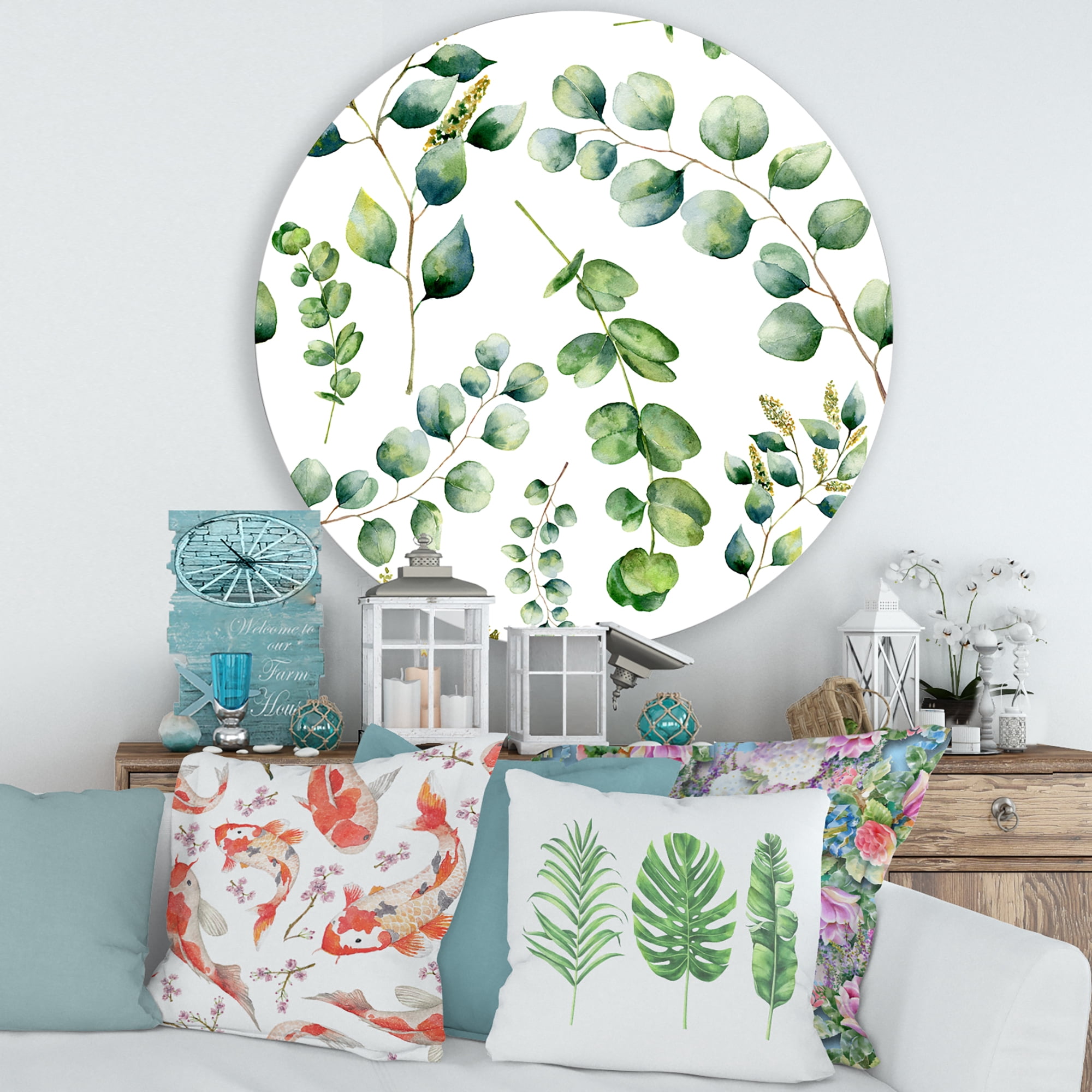 Designart 'Green Eucalyptus Plant Branches III' Traditional Circle Metal Wall Art 36x36 - Disc of 36