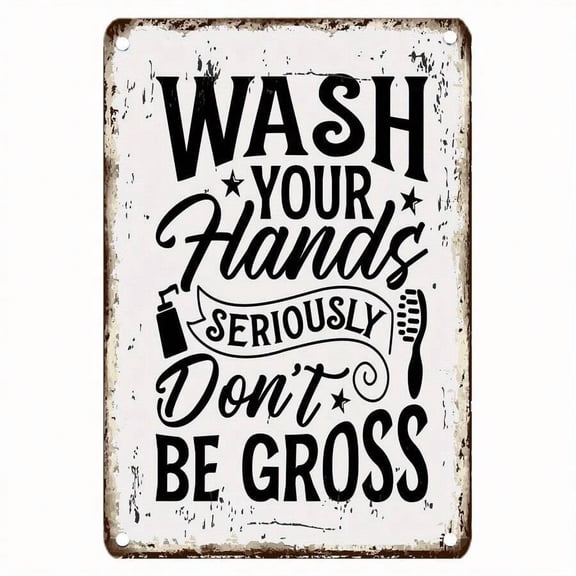 Vintage Tinplate Wall Sign "Wash Your Hands Seriously Don't Be Gross" - 12x8 Inch Retro Bathroom Decor With Stars & Toothbrush Design, Rustic Entryway Or Kitchen Art For Home Hygiene