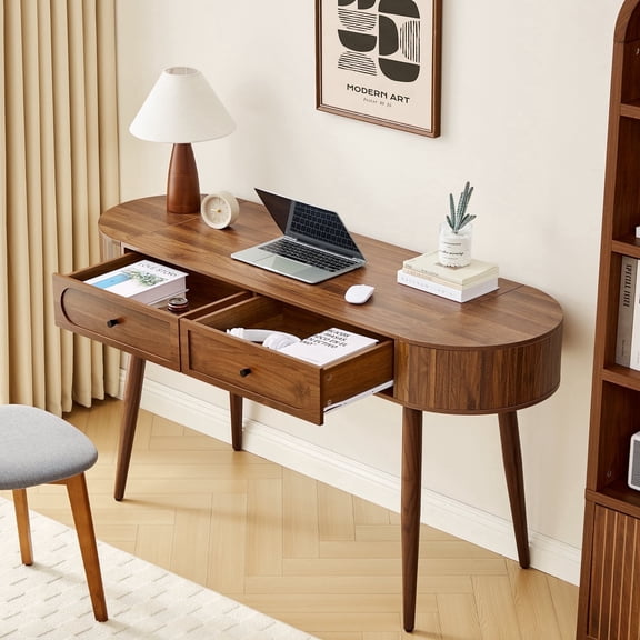 YOCWO Modern Home Office Desk with 2 Drawers and 2 Flip-top Storage, Oval Computer PC Desk Table, Vanity Desk with Fluted Curved Table Edge, Walnut