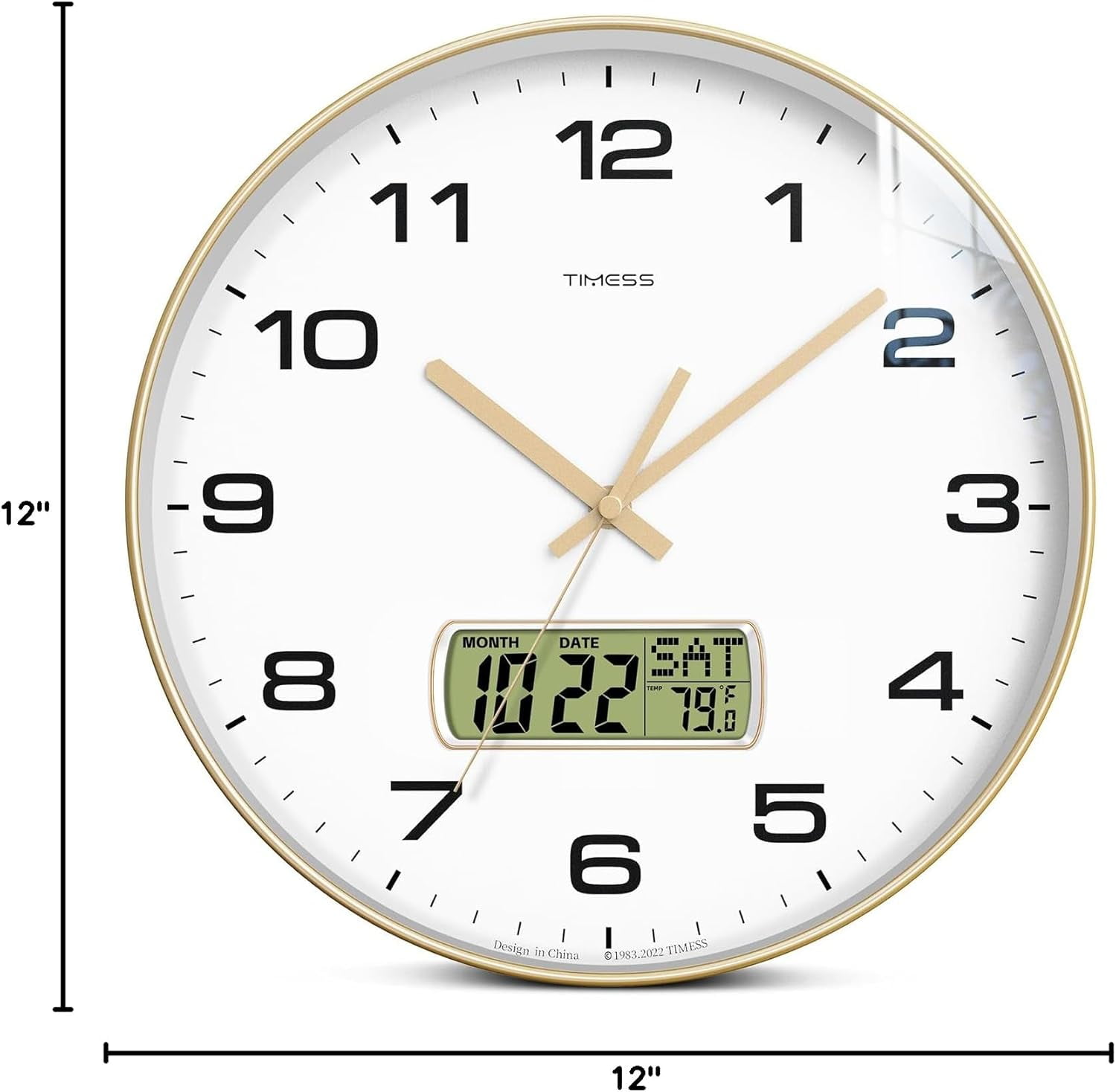 TIMESS 12" Analog Wall Clock with Date Display, Battery Operated Modern Clock for Living Room (Gold)