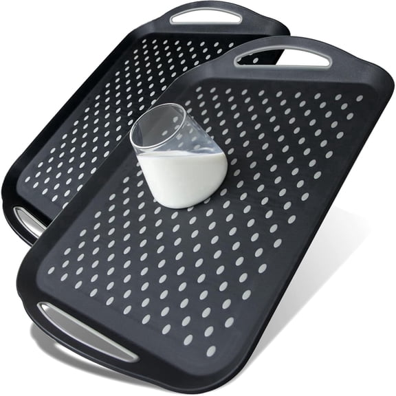 PLERISE Generic Large Nonslip Serving Tray, Silicone Grippy Dots, with Handles, Set of 2, Black – for Breakfast, Dinner & Snacks
