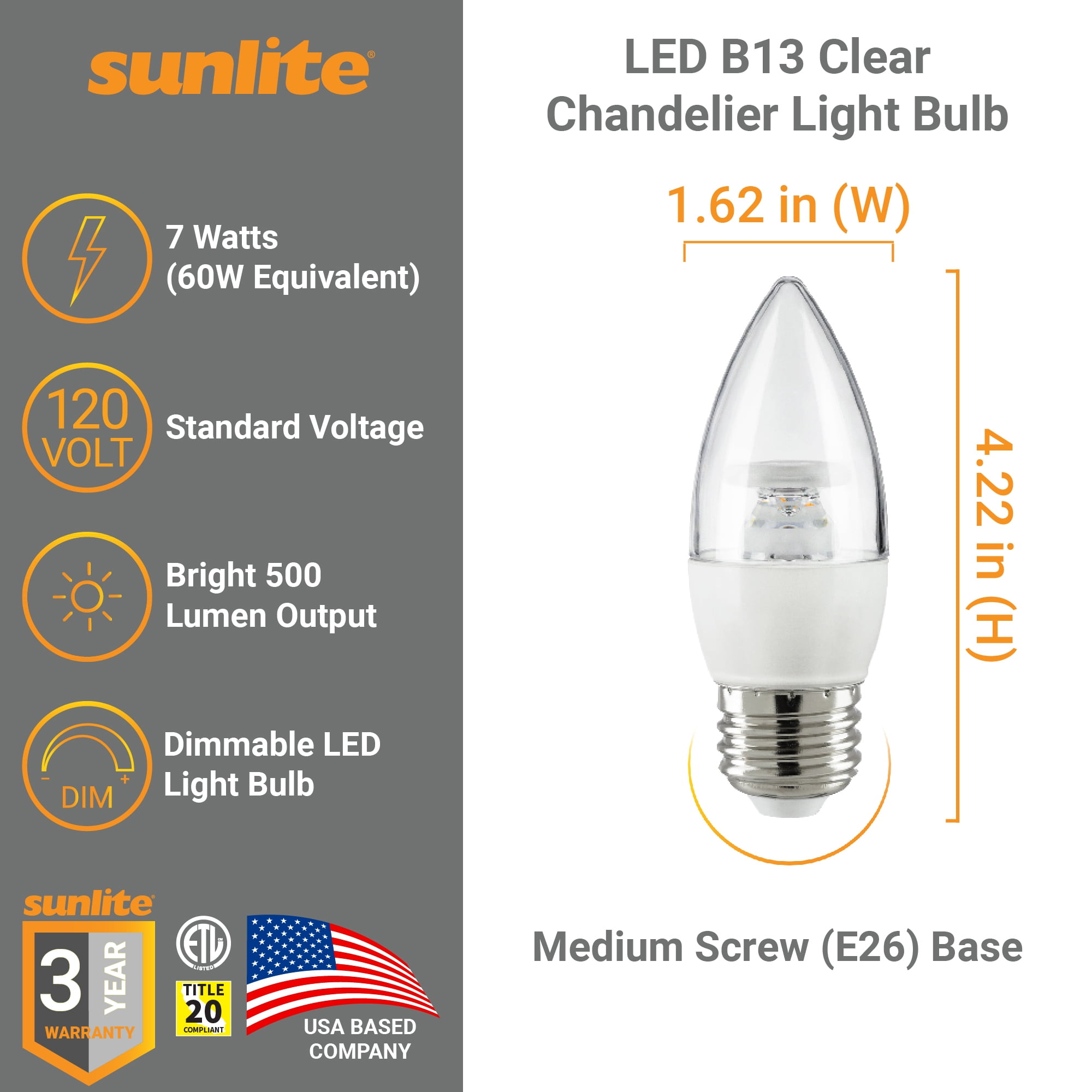 Sunlite LED B13 Decorative Chandelier Light Bulb, 7 Watts (60W=), 500 Lumens, 120 Volts, Dimmable, E26 Base, 90 CRI, ETL Listed, Torpedo Clear, Title-20, 3000K Warm White, 6 Pack
