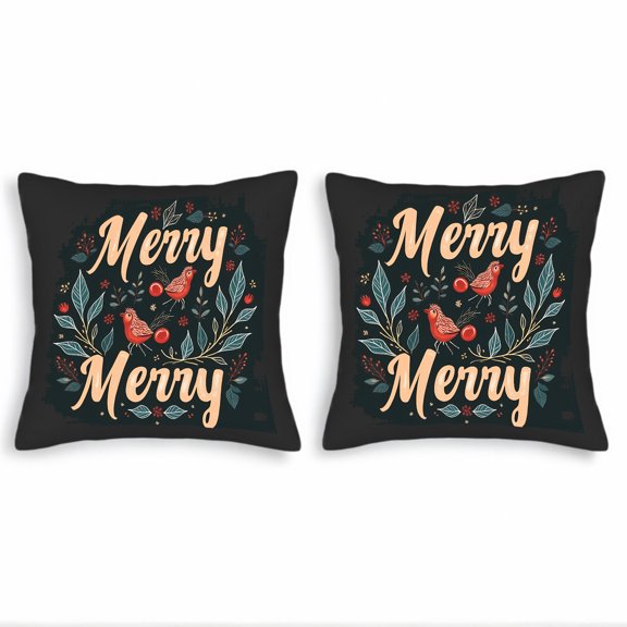 Set of 2 Decorative Throw Pillow Covers 18x18in - Merry Merry Cursive Design with Birds Leaves & Berries in Red Green & Gold for Couch Bed Car