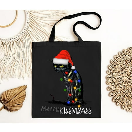 vintage Black Cat Merry Kissmyass Xmas Chritsmas Tote Bag Up To -TH17924