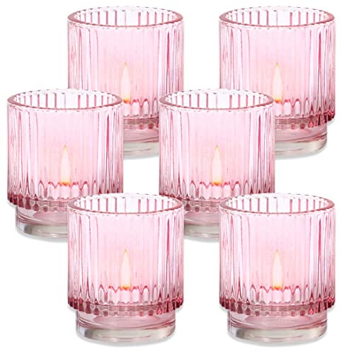 Blush Pink Vintage Ribbed Glass Tealight Votive Candle Holders by