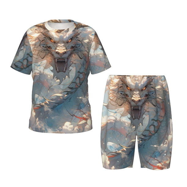 Balery Cool Cloud White Dragon Conjunto de Pijama Infantil de Manga Corta con Estampado – Ropa de Dormir de Algodón Suave-XX-Large