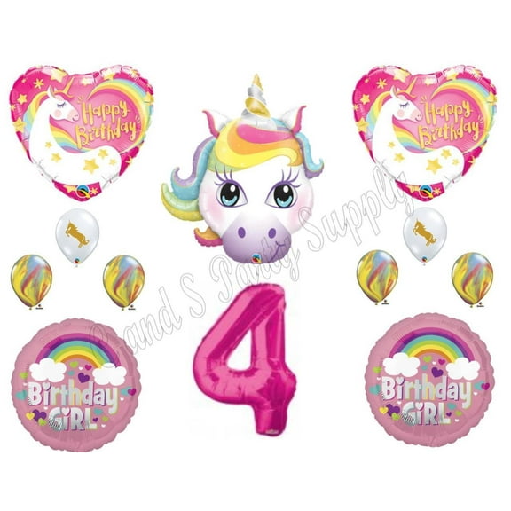4th RAINBOW UNICORN Happy Birthday Party Balloons Decoration Pink Purple Girl