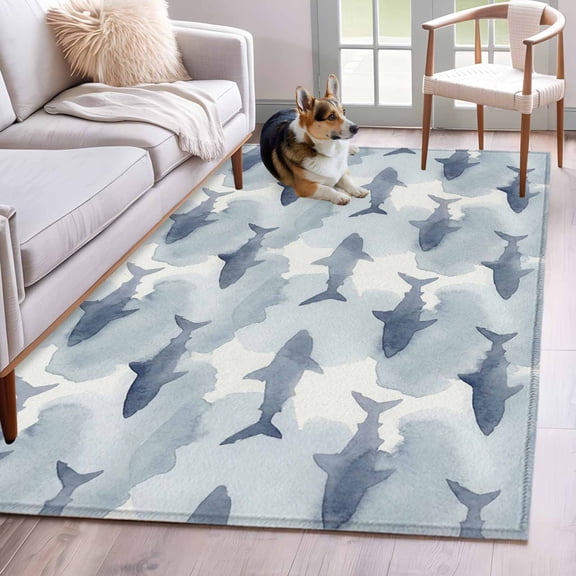 3'x5' Rug for Living Room Bedroom, Blue Sharks Coastal Washable Area Rugs Non-Slip Carpet Mats, Summer Beach Ocean Nautical Indoor Low Pile Area Rug Runner for Kitchen, Mudroom