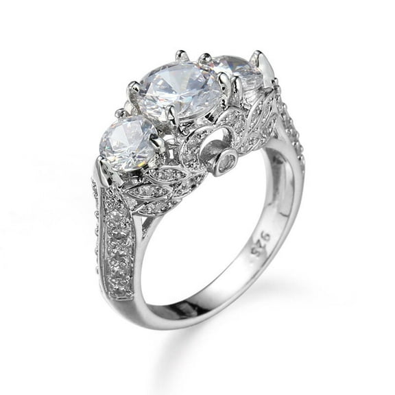 Three Stone Flower Leaf Engagement Ring For Women 1.9 Ct Diamond 14K White Gold Over