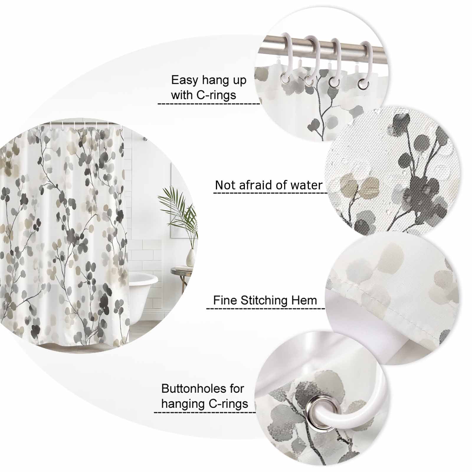 Shower Curtain Bathroom Set Gray Brown Botanical Watercolor Waterproof Fabric Shower Curtains with Grommets&Hooks, Retro Country Floral Leaves Privacy Bath Curtain for Bathtub 72x72in