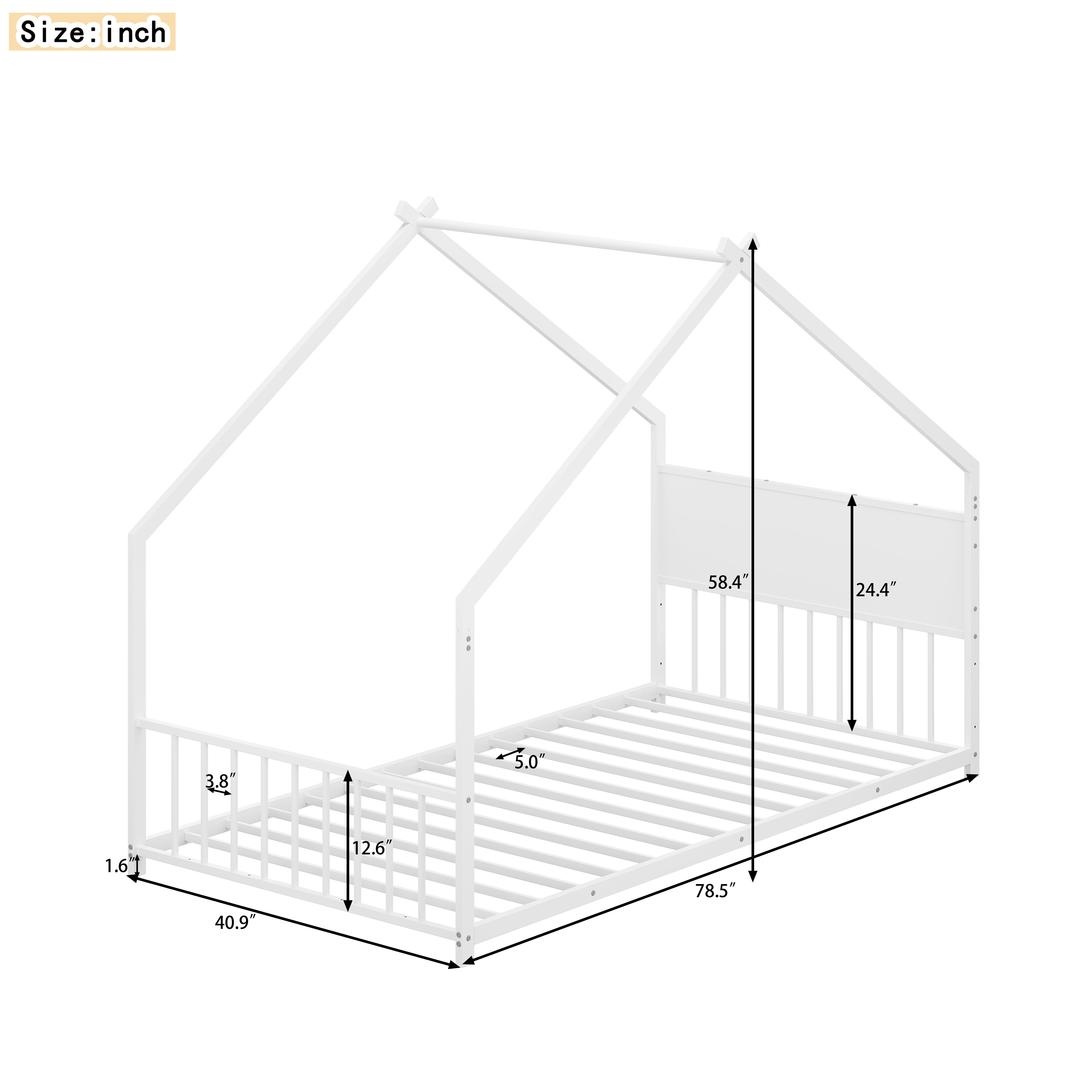 Euroco Metal  Twin Size House Bed with LED Lights, Floor Bed with Roof Design, White