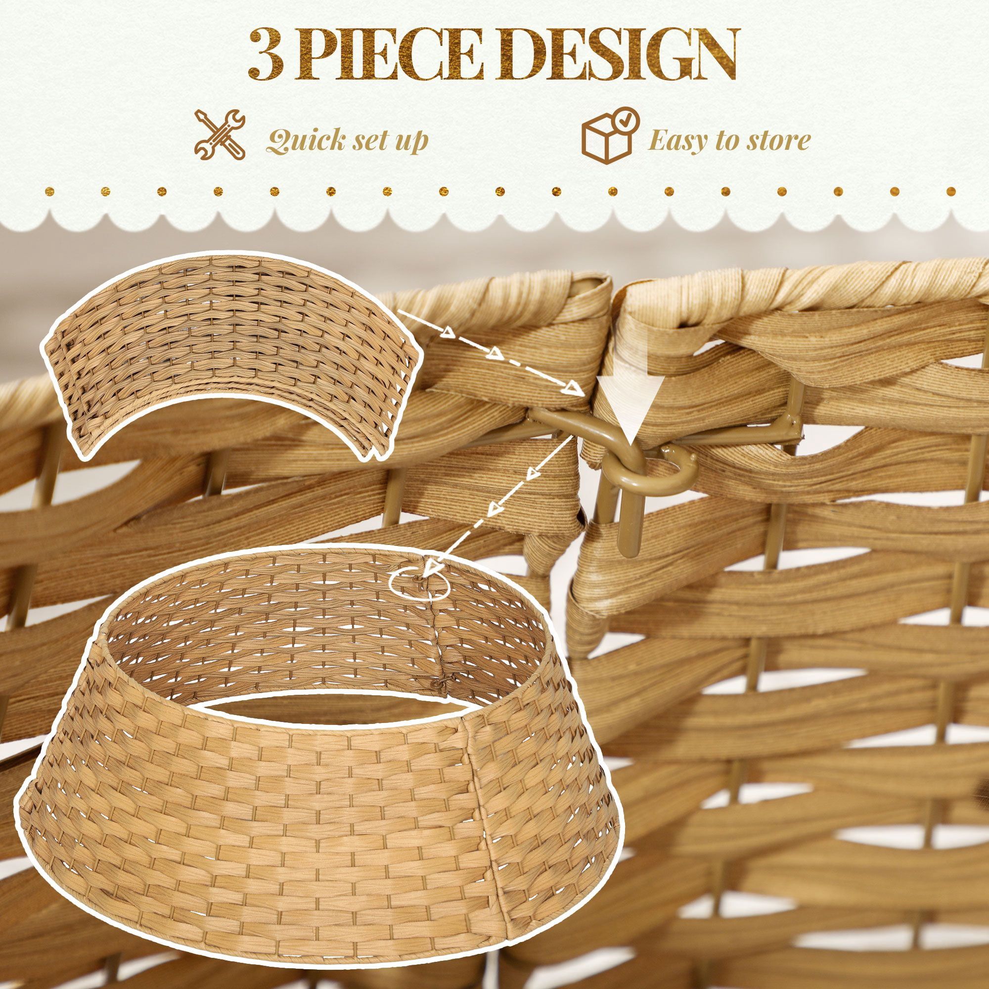 Woven Christmas Tree Collar, Rustic Tree Skirt Alternative with Metal Wire Frame, 26.8 in Diameter, Hides Tree Stand and Keeps Pets Out, Holiday Home Decoration