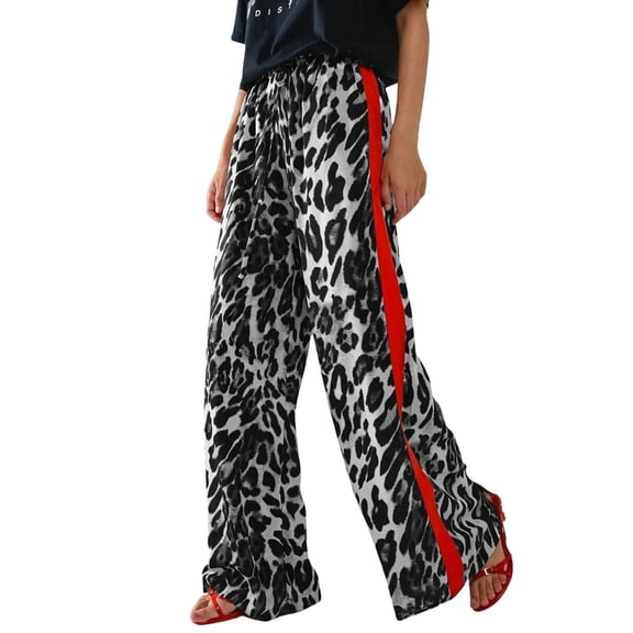 Women's Cheetah Print Baggy Pants Wide Leg Side Striped Loose High Waisted Casual Y2K Streetwear Trousers Gray M