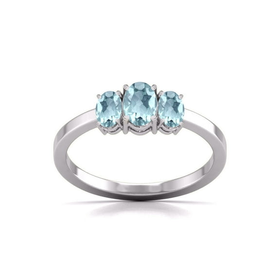 TimeLe$$ Classics Three Oval Shape Natural Aquamarine Gemstone Ring in 14K White Gold (Size: 4.5)