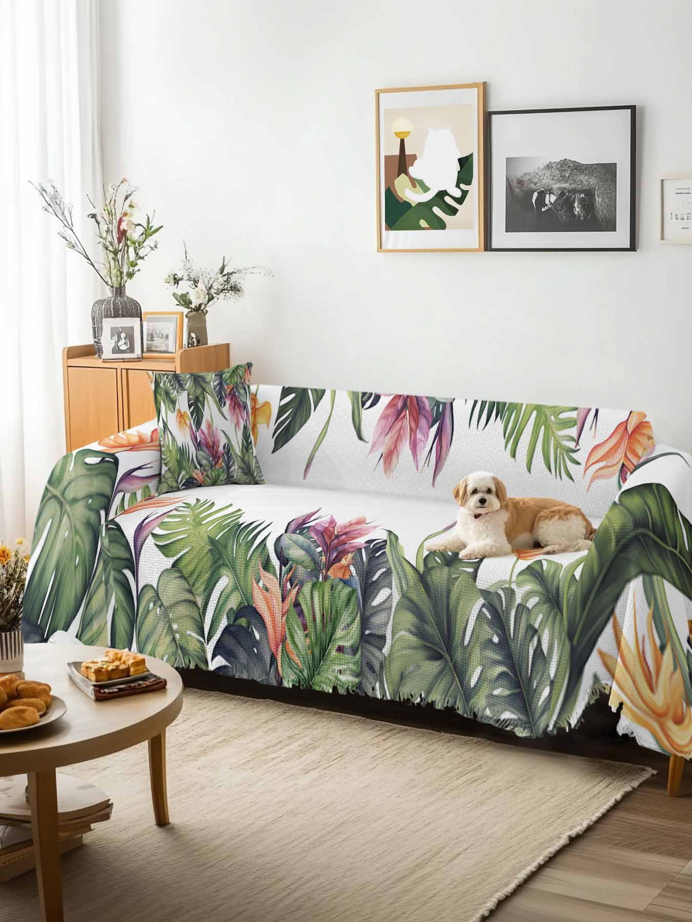 Palm Leaves Couch Cover, Summer Botanical Tropical Plants Sofa Cover Blanket for 3 Cushion Couch,Sectional Sofa Slipcover Furniture Protector for Living Room Bedroom 71''x134''
