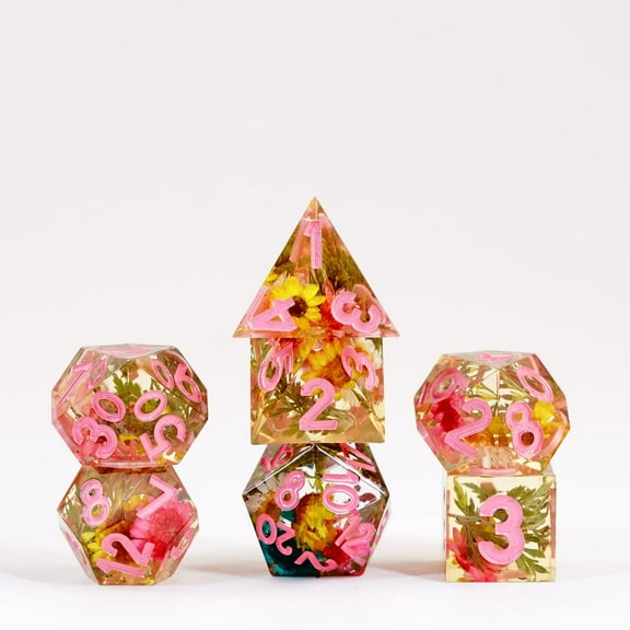 FanRoll by Metallic Dice Games Sharp Edge Resin DND Dice Set: Chrysanthemum w/Pink, Role Playing Game Dice for Dungeons and Dragons