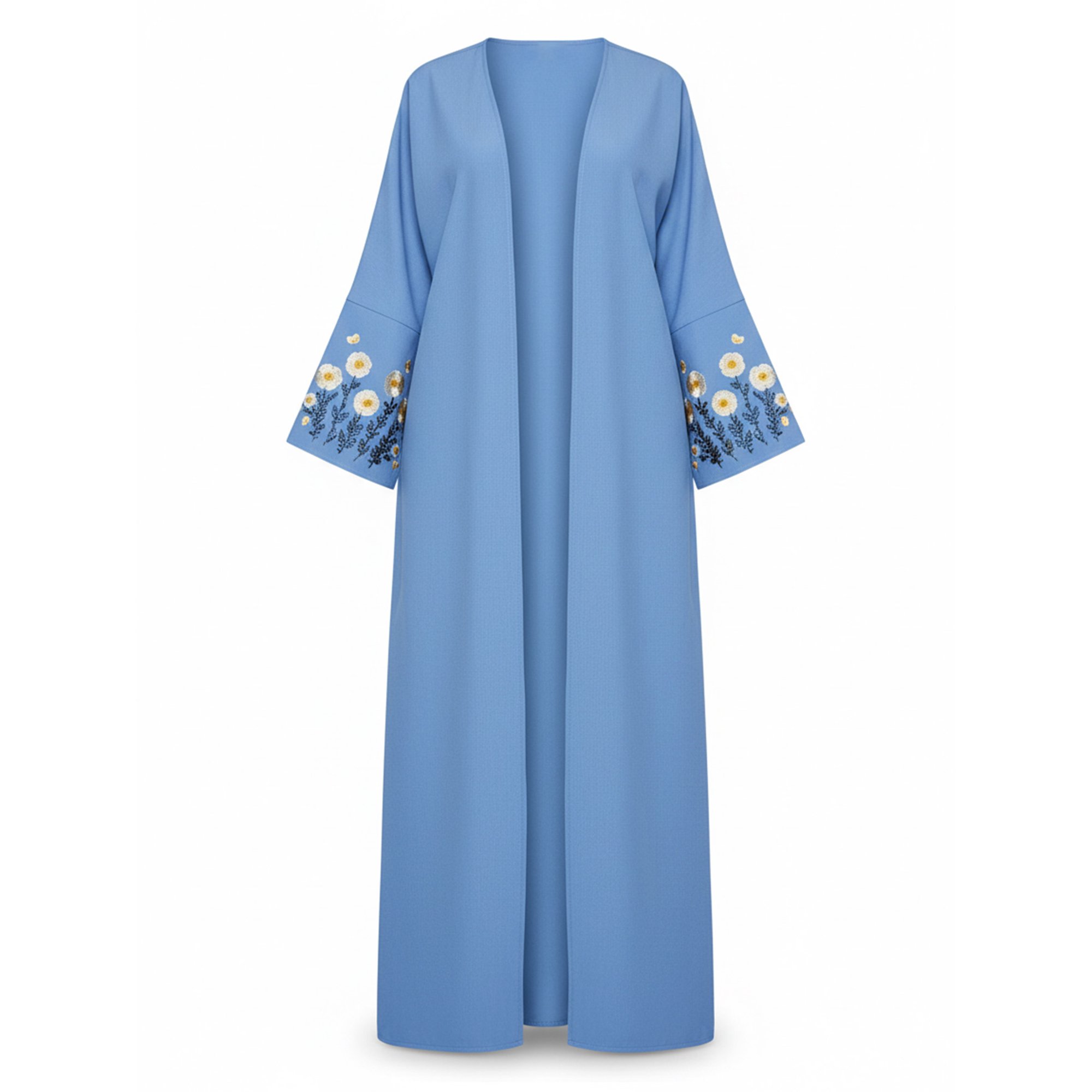 Open Front Maxi Lightweight Woven Abaya Kimono Floral Embroidered Sleeve Ramadan Eid