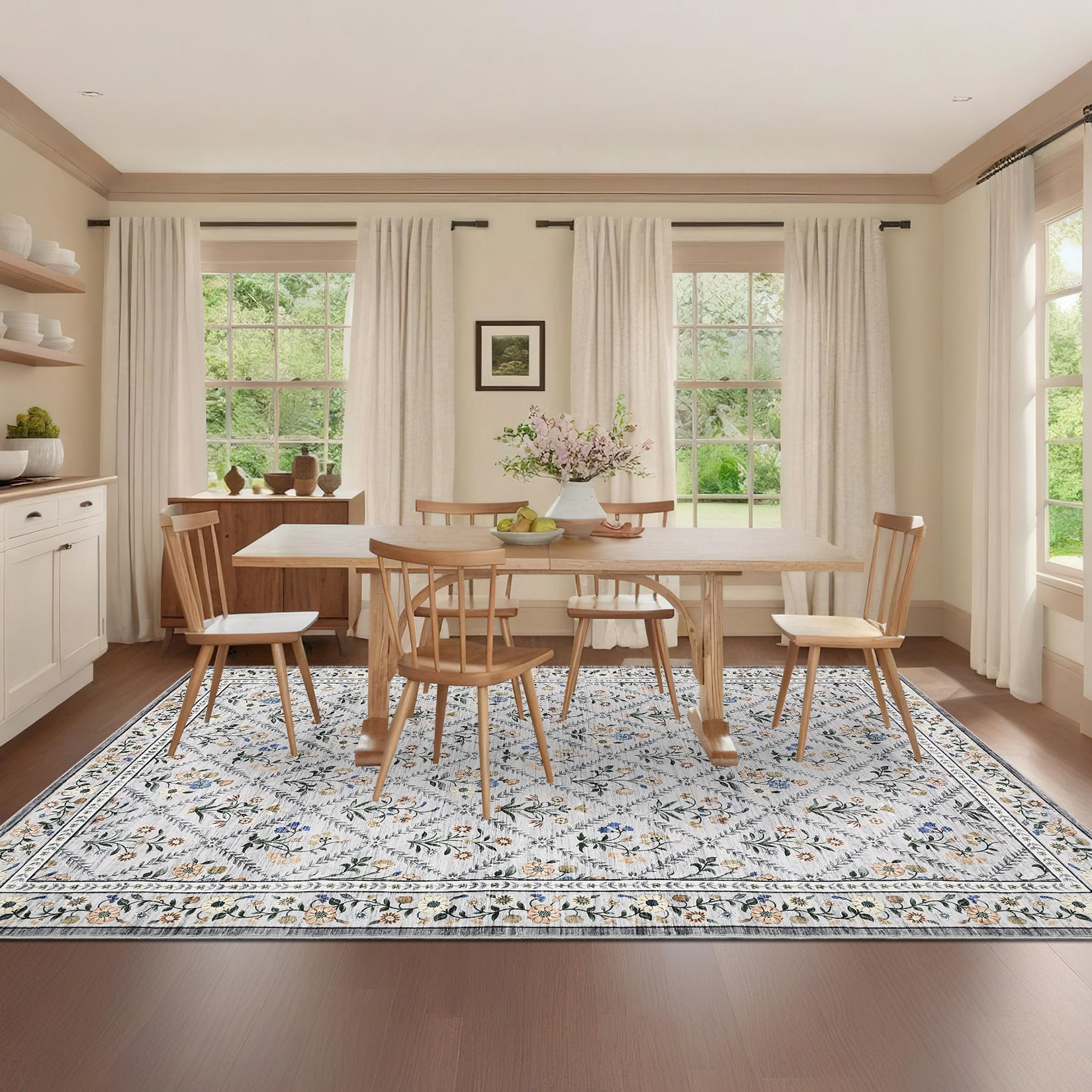 Senfot 10x13 Floral Print Area Rug Machine Washable Non-Slip Stain Resistant Low Pile Bordered Farmhouse Rug for Living Room Bedroom Home Office Gray
