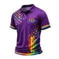 thumbnail image 3 of Men's Rainbow Peace Sign Polo Shirt with Colorful Star Splatter Graphic and Striped Cuffs Featuring Classic Collar Short Sleeves Purple M, 3 of 5