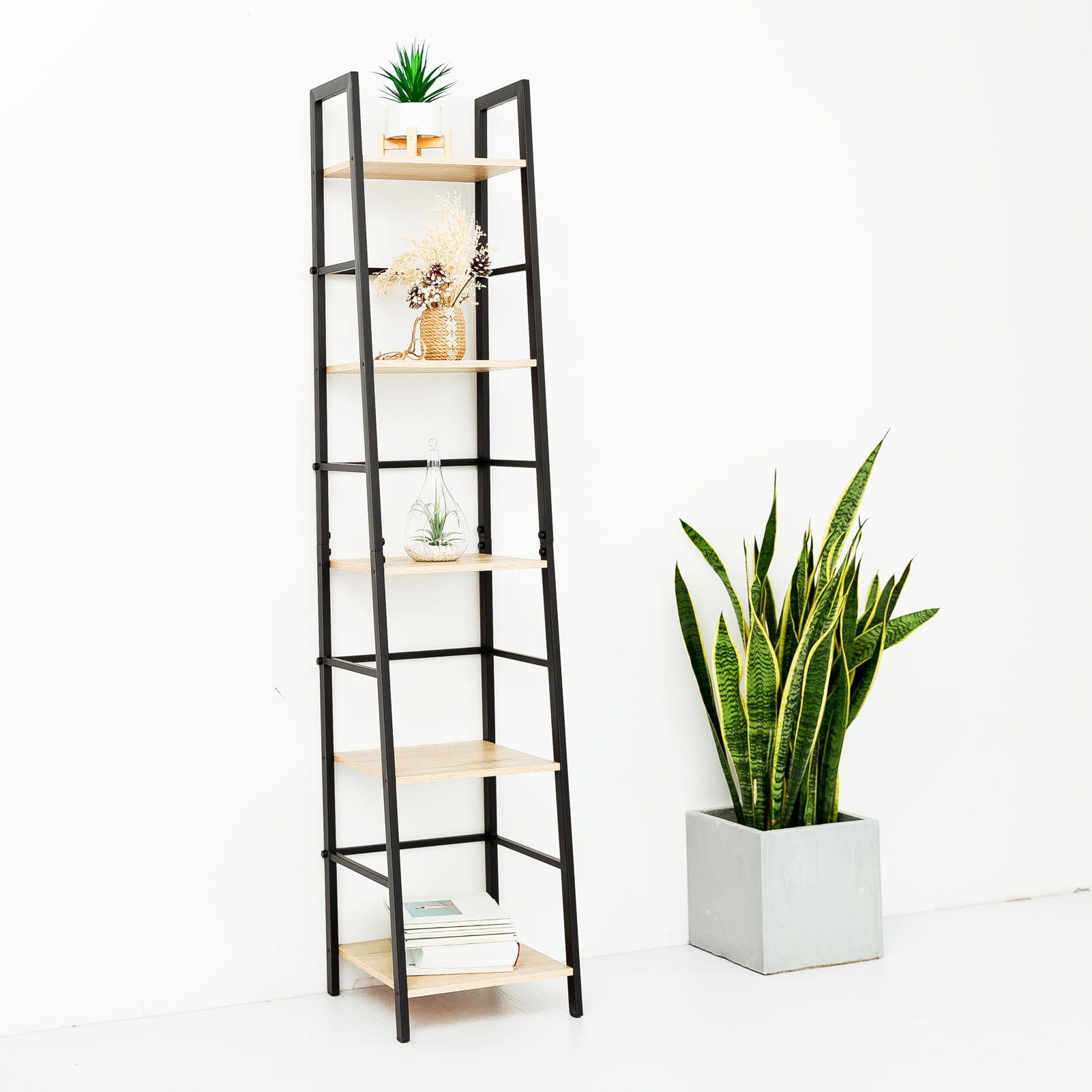 C-Hopetree 5 Tier Corner Shelf Ladder Display Bookshelf with Black Metal Frame 