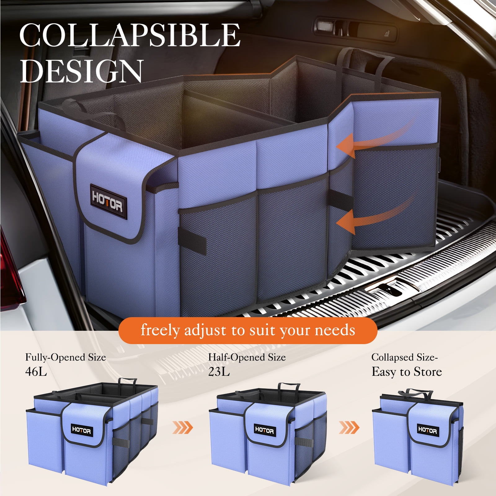 HOTOR Trunk Organizer for Car and SUV - Large-Capacity Car Organizer with Multiple Compartments, Foldable Car Organization for Car Accessories, Tools, Sundries, Blue
