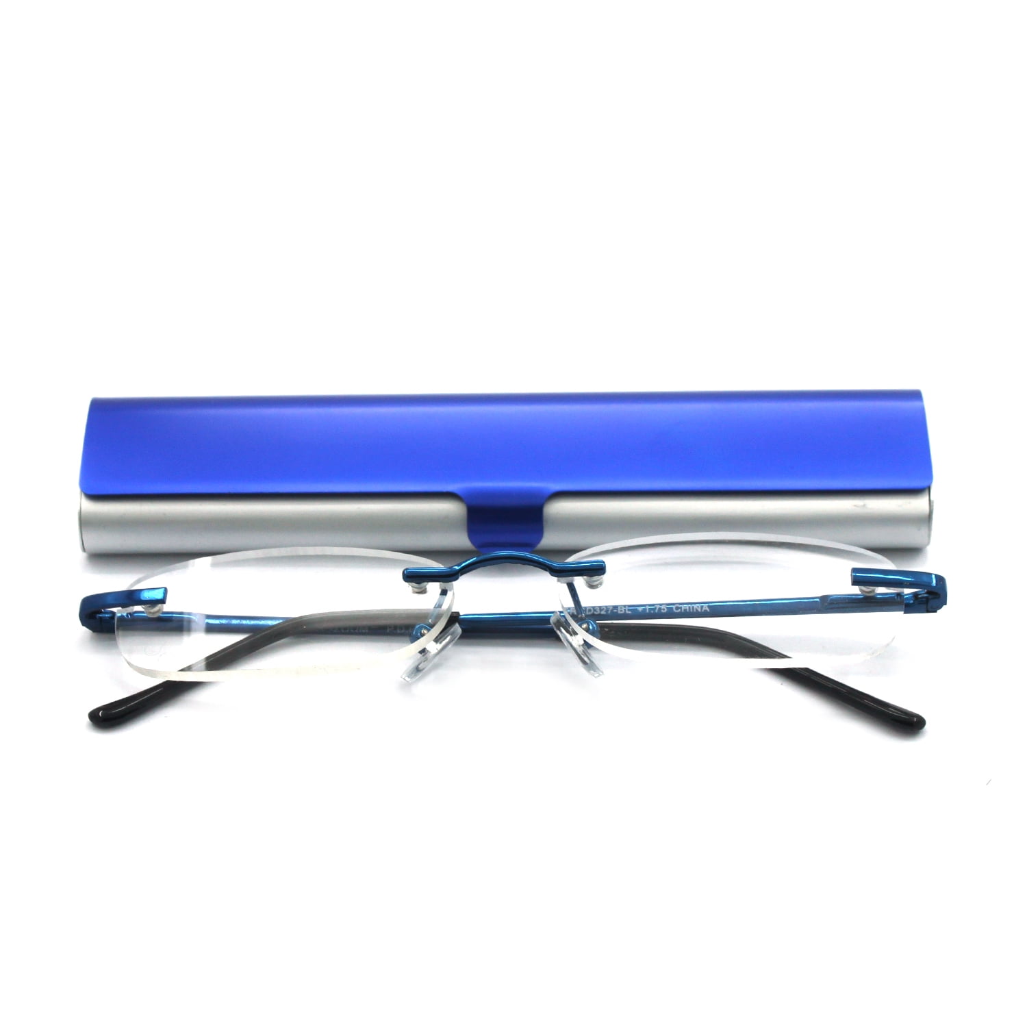 EYE ZOOM Compact Rimless Reading Glasses with Slim Navy Blue and Silver Case for Men and Women, +2.50