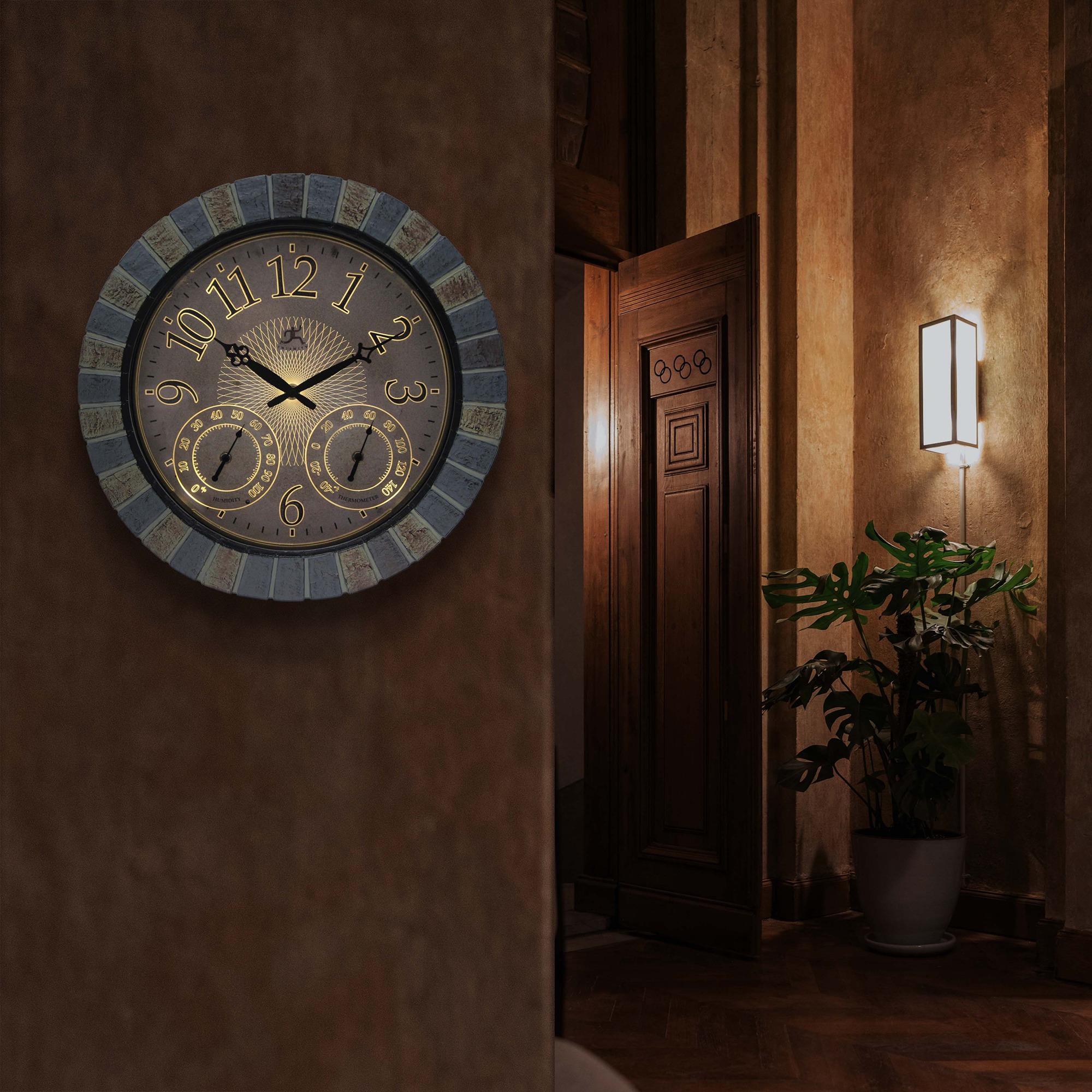 Infinity Instruments Aztec Indoor-Outdoor Wall Clock, Faux Stone, 18 Inch