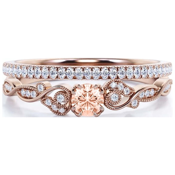 Vintage 1.25 Carat Round Cut Morganite & Moissanite Bridal Set in 10k Rose Gold