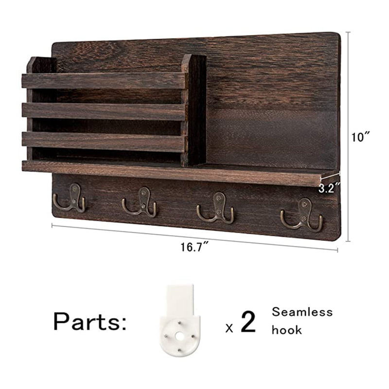 UJEFF Mail Sorter Wall Mounted Mail Holder Wooden Mail Organizer Key Holder for Wall with 4 Double Metal Key Hooks and A Floating Shelf Rustic Decor for Entryway Mudroom Hallway Kitchen Office 