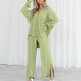 thumbnail image 5 of STETMN Women's Pleated 2 Piece Outfits Button Long Sleeve Blouse Split Wide Leg Pants Lounge Sets, 5 of 7