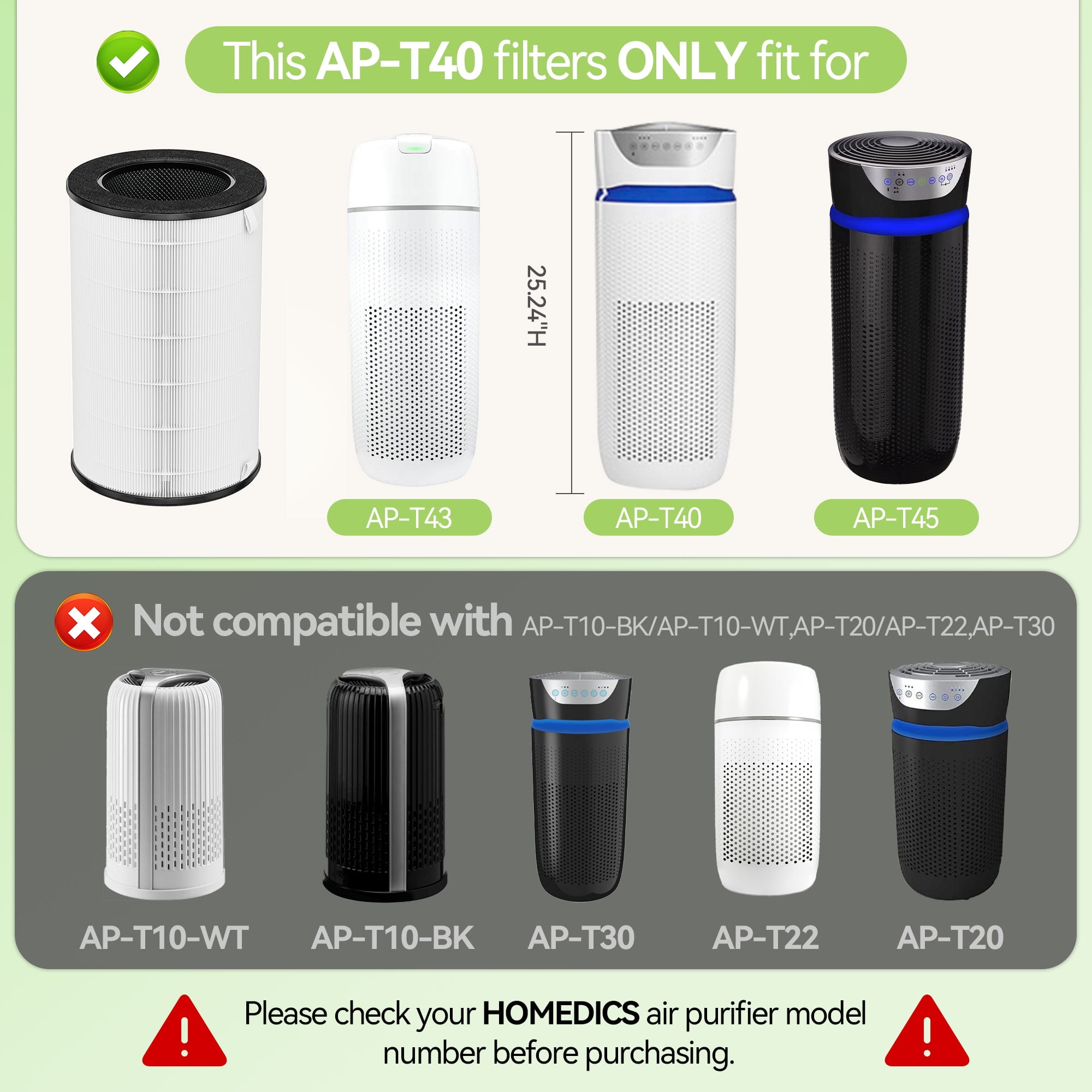 AP-T45 AP-T40FL HEPA Replacement Filter Compatible with Homedics Total Clean 5-in-1 Air Cleaner Purifier, AP-T40 AP-T45WT AP-T40WT AP-T45-BK AP-T45-WT AP-T40WTAR, White, 1 pack