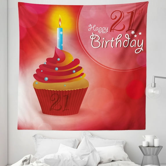 Party Tapestry, Abstract Sun Beams Backdrop Party Delicious Cupcake with Frosting Image, Fabric Wall Hanging Decor for Bedroom Living Room Dorm, 5 Sizes, Red and Orange, by Ambesonne
