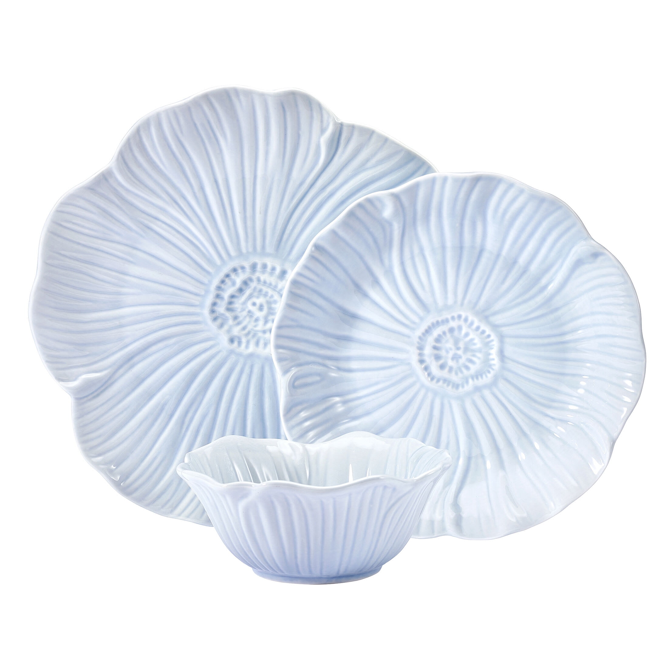 Beautiful by Drew Barrymore Embossed Flower 12 Piece Stoneware Dinnerware Set, 4 Piece Setting, Blue