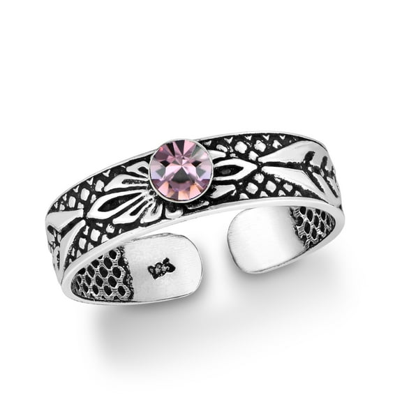 Vintage Summer Nature Leaf Pink Crystal Boho Sterling Silver Toe/Pinky Ring