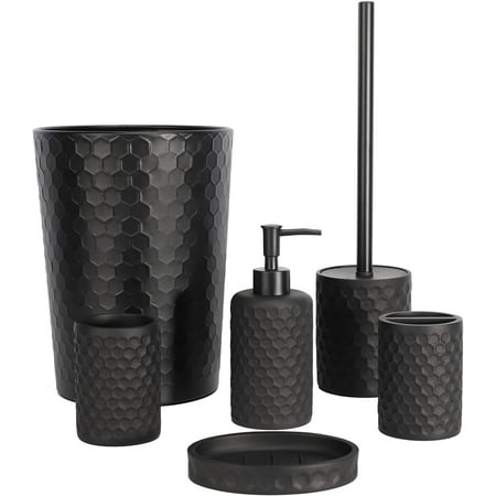 Bathroom Accessory Set - 6 Pcs Black Bathroom Accessories Set with Trash Can, Toothbrush Holder, Toothbrush Cup, Soap Dispenser, Soap Dish, Toilet Brush with Holder - Accessoire Salle de Bain
