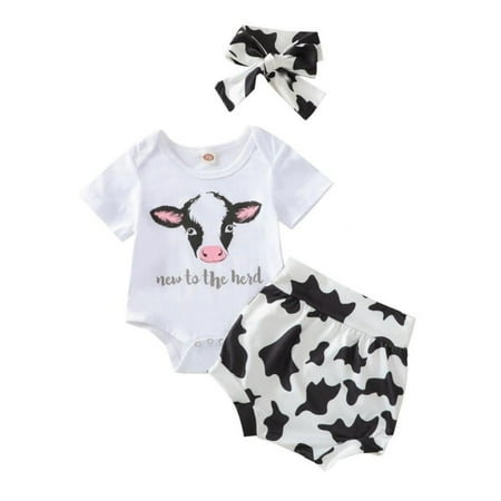 

Summer Baby Girl Cow Print Romper Shorts Set Girls Clothes Sets Casual Suit