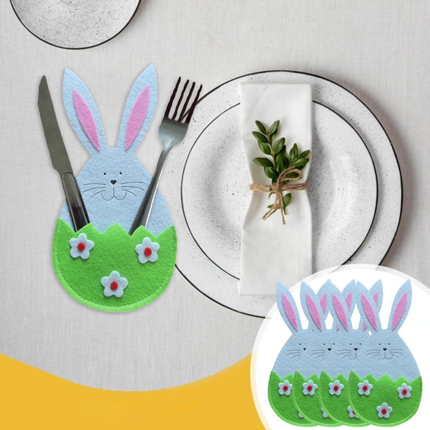 Xihbxyly Bolsas para Utensilios de Pascua, Diseño de Conejito, Bonita Decoración de Mesa, Soporte Multiusos para Tenedores, Cuchillos y Cucharas, Perfecto para Pascua, Fiestas o Reuniones Familiares,