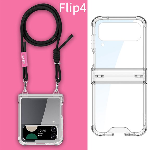 Dteck for Samsung Galaxy Z Flip 4 Case with Hinge Protection, Lightweight Non-Yellowing Transparent Clear Phone Cover with Crossbody Nylon Lanyard for Samsung Z Flip 4,Clear Case Black Strap