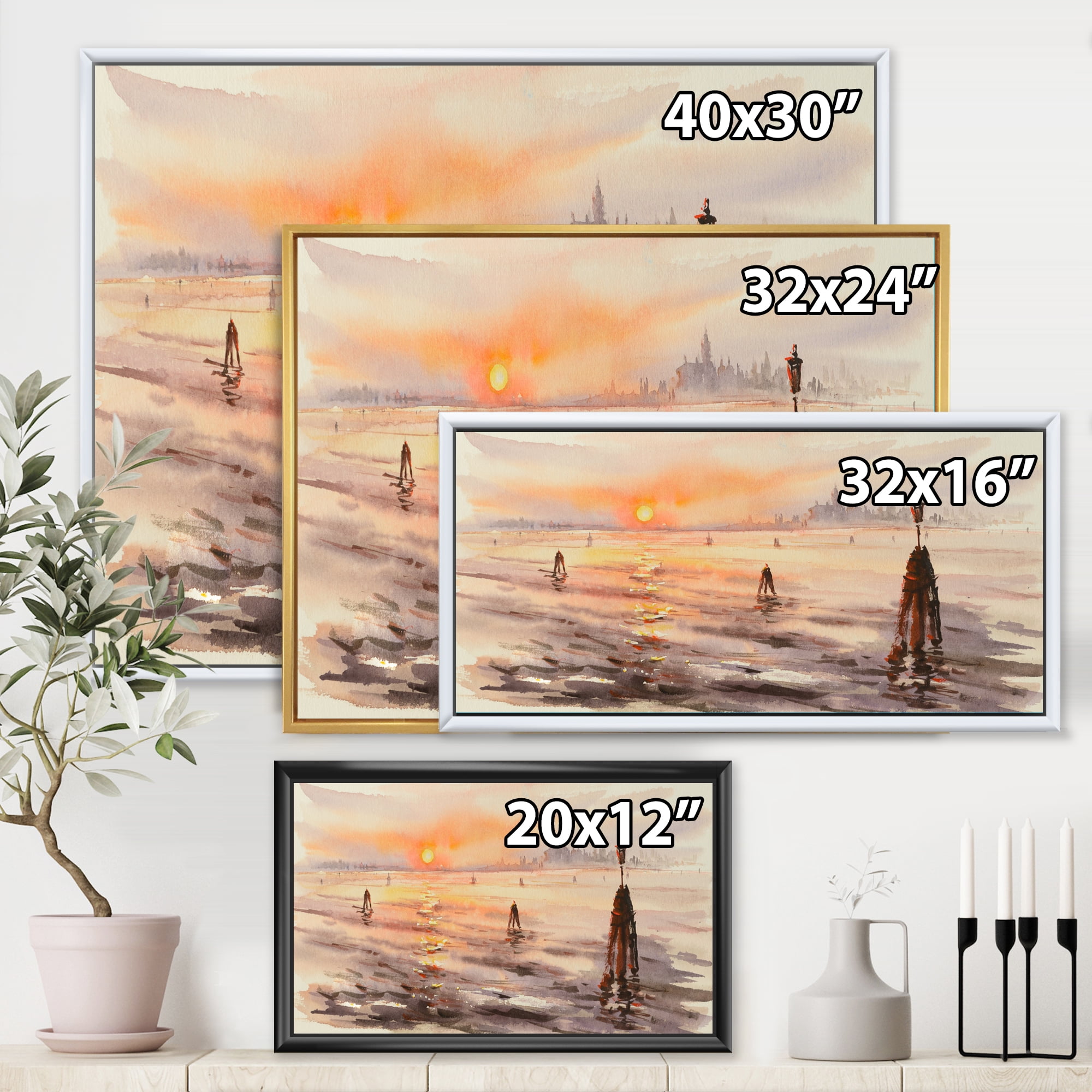Designart 'Panorama of Venice Laguna Beach At Sunset' Nautical & Coastal Framed Canvas Wall Art Print