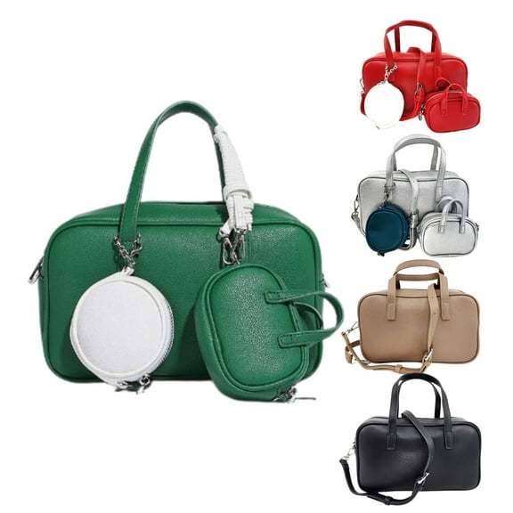 Women's Leather Double Handle Satchel Crossbody Bag with Two Mini Pouch