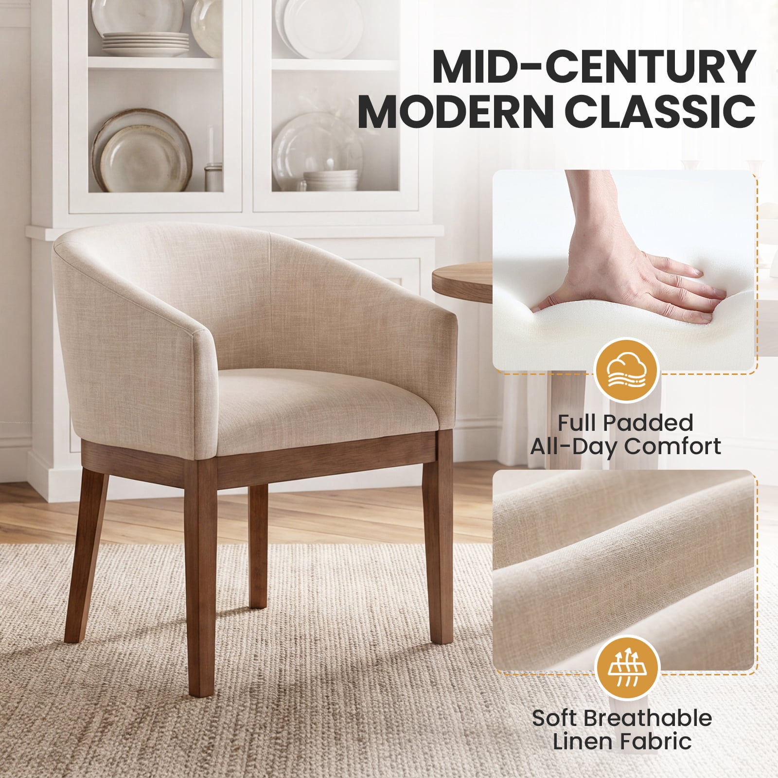 Guyou Modern Upholstered Dining Chairs Set of 2, Farmhouse Linen Kitchen & Dining Room Chairs with Armrests, 18" W Wooden Barrel Accent Chair Armchair for Dining Room Living Room Bedroom, Beige