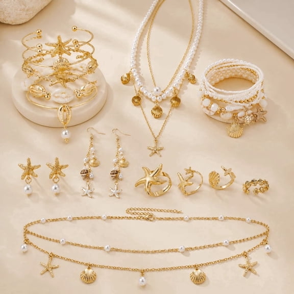 23 Pcs Bohemian Golden Jewelry Set for Women Beach Accessories Jewelry Ocean Shell Starfish Gold Jewelry Set for Valentine Birthday Party Gift